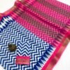 Linen Saree with gold jari border In Blue With Pink