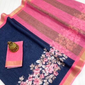 Linen Saree with gold jari border In Blue With Baby Pink
