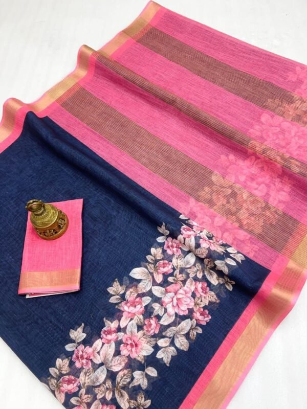 Linen Saree with gold jari border In Blue With Baby Pink