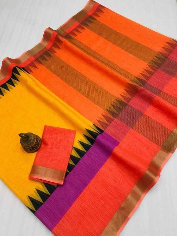 Linen Saree with gold jari border In Yellow With Orange & Pink
