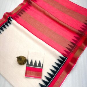 Linen Saree with gold jari border In white With Coral Pink