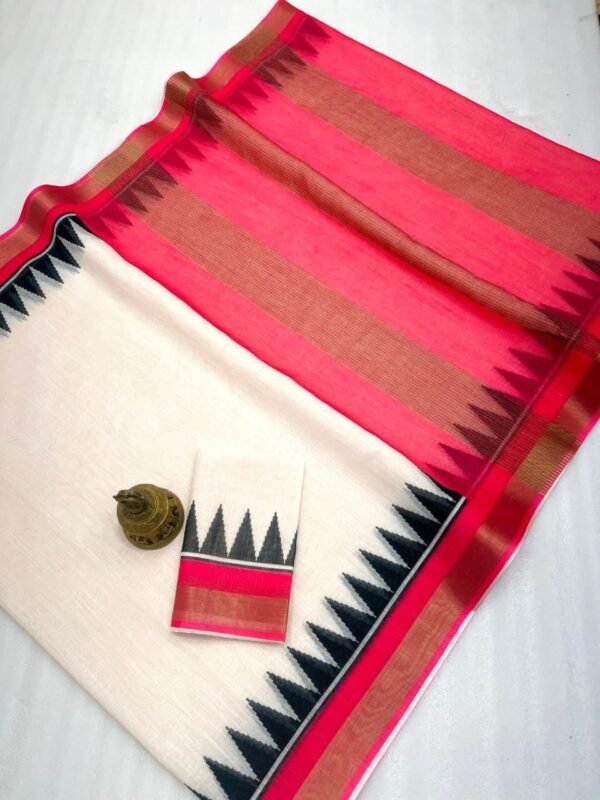 Linen Saree with gold jari border In white With Coral Pink