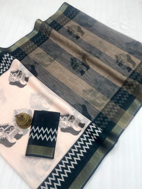 Linen Saree with gold jari border In Cream