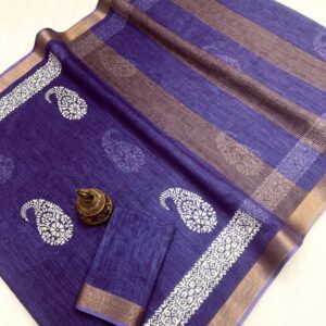 Linen Saree with gold jari border In purple