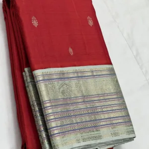 Kanchipuram Silk Saree In Candy Red With Ash