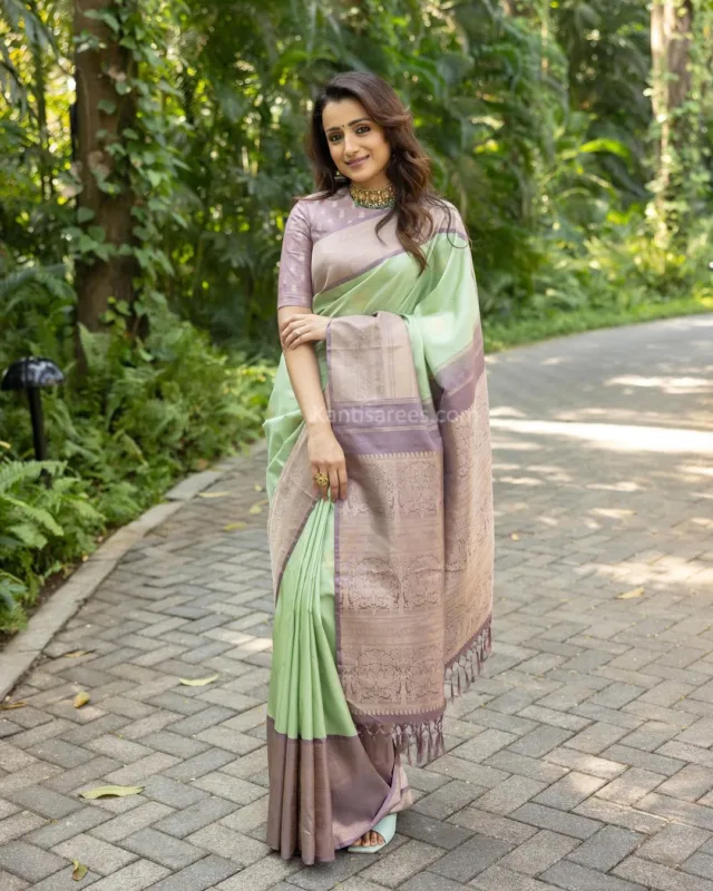 Trisha Krishnan Stuns in Elegant Pista Green Kanjivaram Silk Saree with Lilac Border – A Timeless South Indian Style Statement 4 Trisha Krishnan