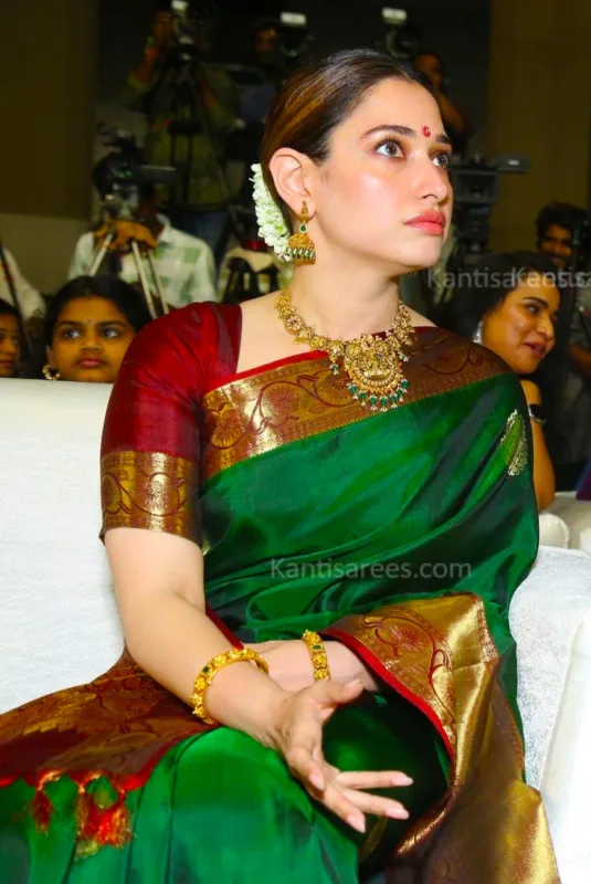 Tamannaah Bhatia Dazzles in Dark Green Kanjivaram Saree at Odela 2 Event – A Vision of Traditional Elegance : 3 Tamannaah Bhatia saree photos
