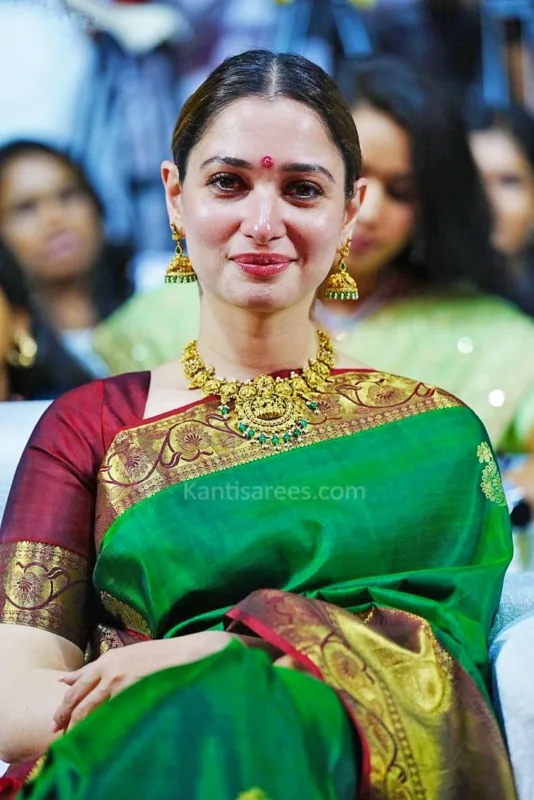 Tamannaah Bhatia Dazzles in Dark Green Kanjivaram Saree at Odela 2 Event – A Vision of Traditional Elegance : 6 Celebrity Kanjivaram saree