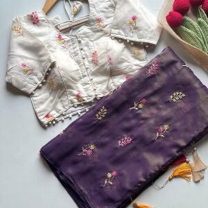 Purple Golden Zari Tissue Saree Chanderi Cotton Blouse
