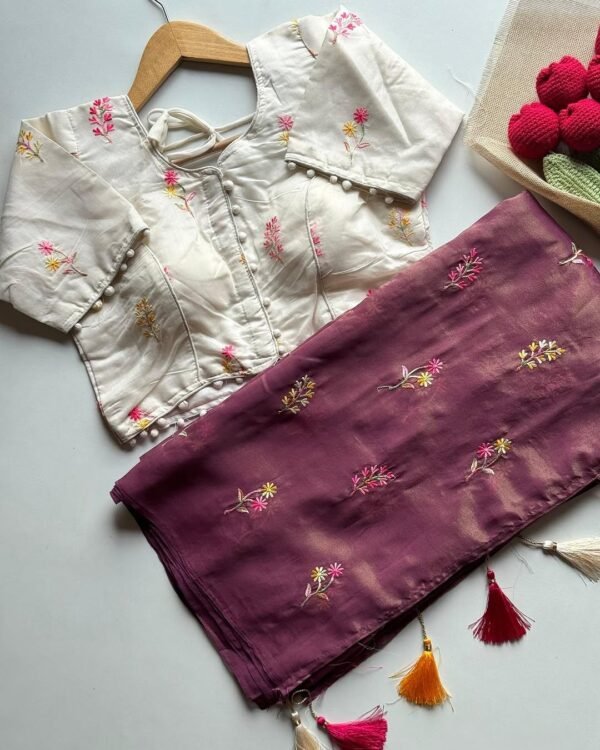 Onion Pink Golden Zari Tissue Saree Chanderi Cotton Blouse