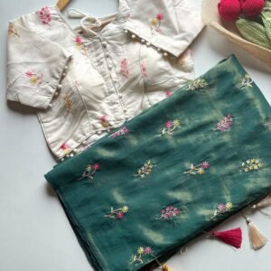 Green Golden Zari Tissue Saree Chanderi Cotton Blouse