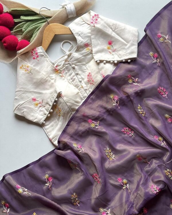 Purple Golden Zari Tissue Saree Chanderi Cotton Blouse