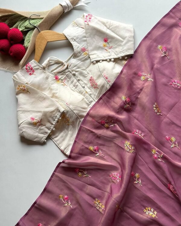 Onion Pink Golden Zari Tissue Saree Chanderi Cotton Blouse