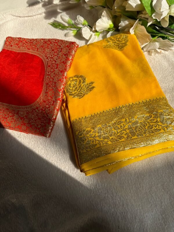 Yellow Viscose Georgette Saree With banarasi Contrast Blouse