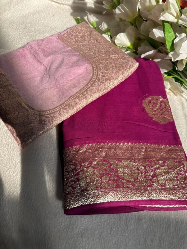 Rani Pink Viscose Georgette Saree With banarasi Contrast Blouse