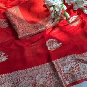 Red Viscose Georgette Saree With banarasi Contrast Blouse