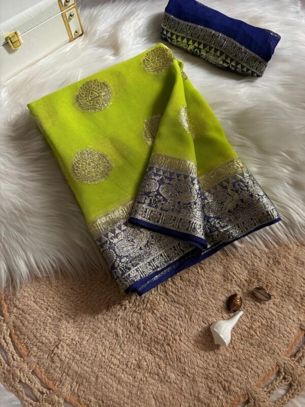 Fancy Georgette Saree In Green with Blue