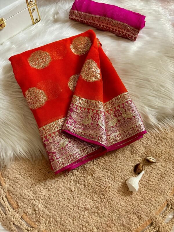 Fancy Georgette Saree In Dark Orange With Pink
