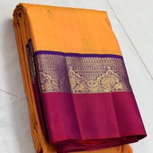 Mango Yellow Kanchipuram Silk Saree With Royal Blue & Pink