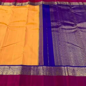 Mango Yellow Kanchipuram Silk Saree With Royal Blue & Pink
