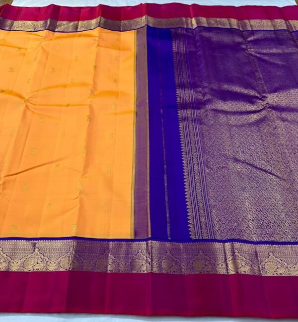 Mango Yellow Kanchipuram Silk Saree With Royal Blue & Pink