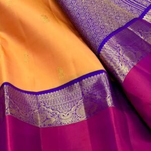 Mango Yellow Kanchipuram Silk Saree With Royal Blue & Pink