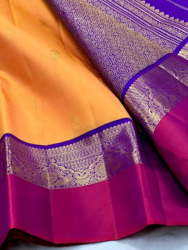 Mango Yellow Kanchipuram Silk Saree With Royal Blue & Pink