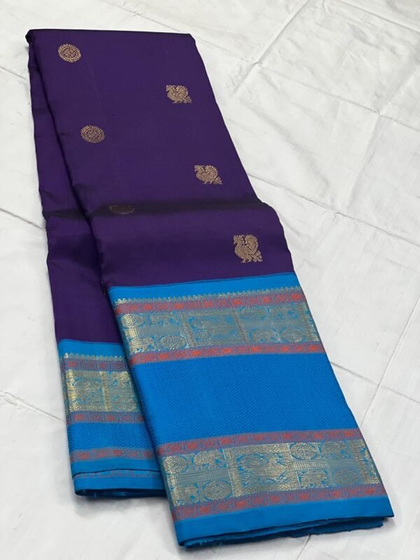 Retta Patta Border Kanchipuram Silk Saree In Dark Purple With Blue