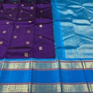 Retta Patta Border Kanchipuram Silk Saree In Dark Purple With Blue