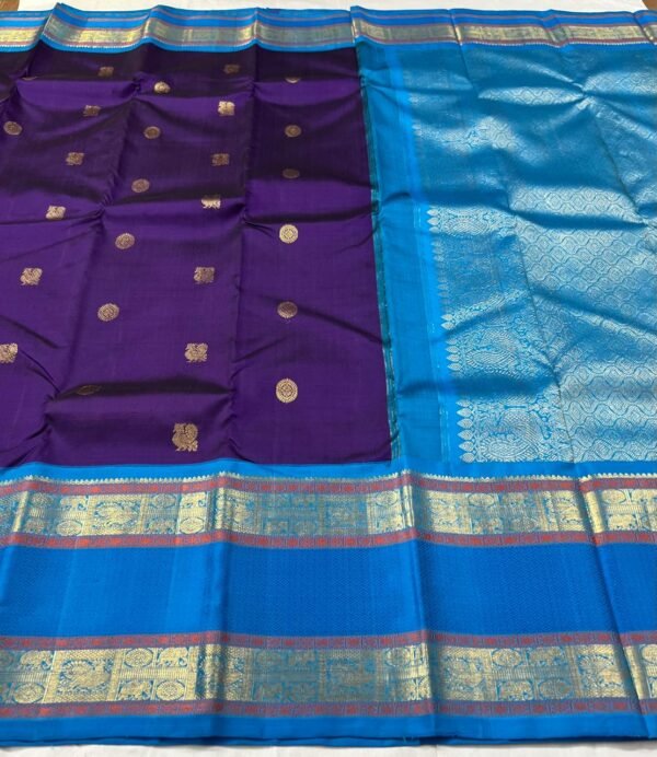 Retta Patta Border Kanchipuram Silk Saree In Dark Purple With Blue
