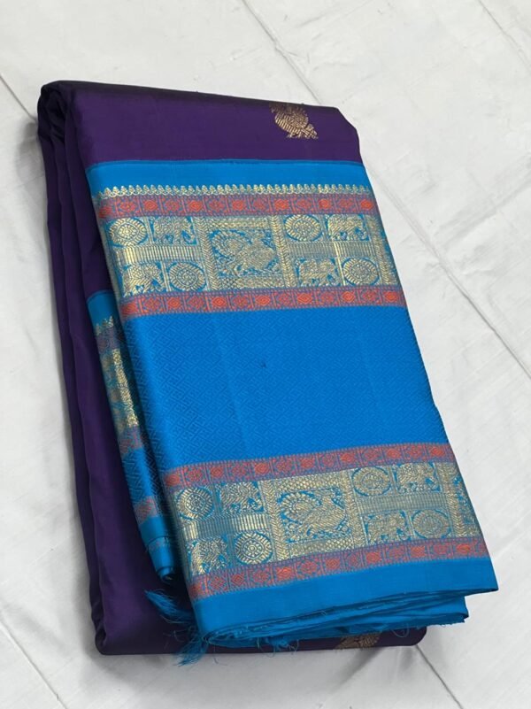 Retta Patta Border Kanchipuram Silk Saree In Dark Purple With Blue