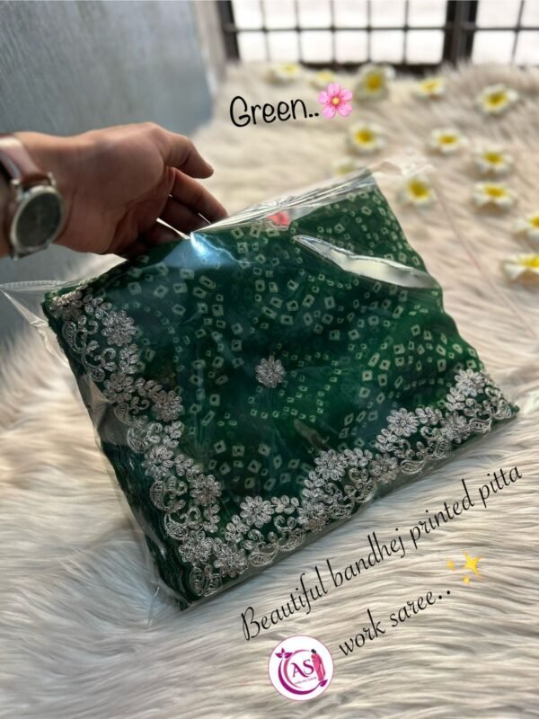 Beautiful bandhej printed Saree With hand pitta work In Green