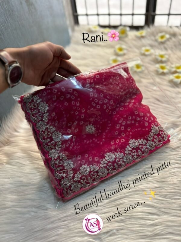 Beautiful bandhej printed Saree With hand pitta work In Pink