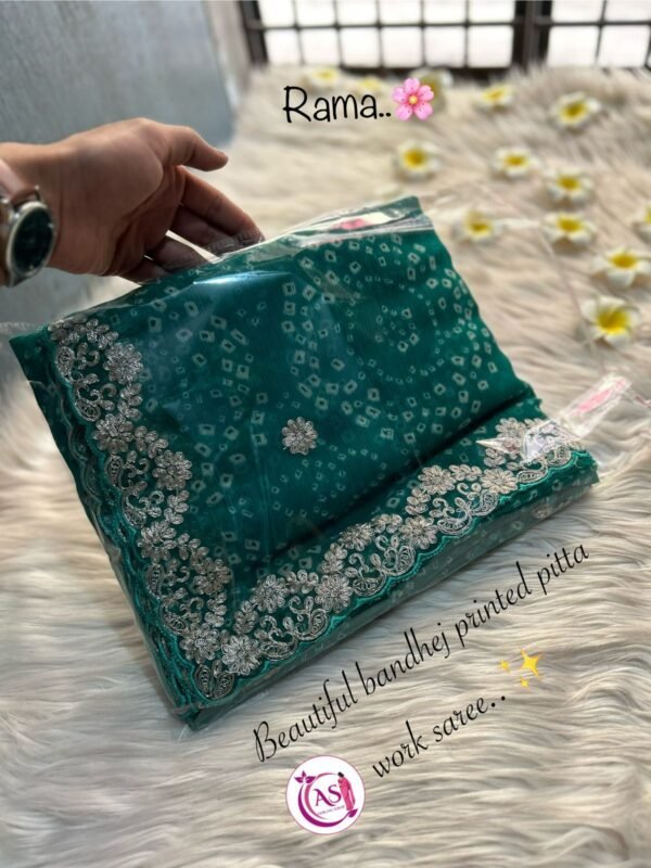Beautiful bandhej printed Saree With hand pitta work In Light Blue