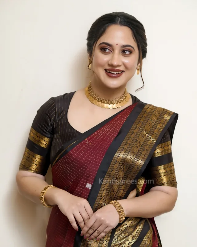 Miya George in Kanjivaram Saree: A Classic Maroon-Black Beauty That Turns Heads 2 Miya George in Kanjivaram saree