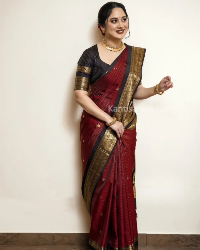 Miya George in Kanjivaram Saree: A Classic Maroon-Black Beauty That Turns Heads 3 Miya George in Kanjivaram saree