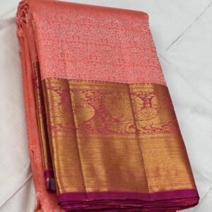 Kanchipuram Silk Saree In Peach With Magenta