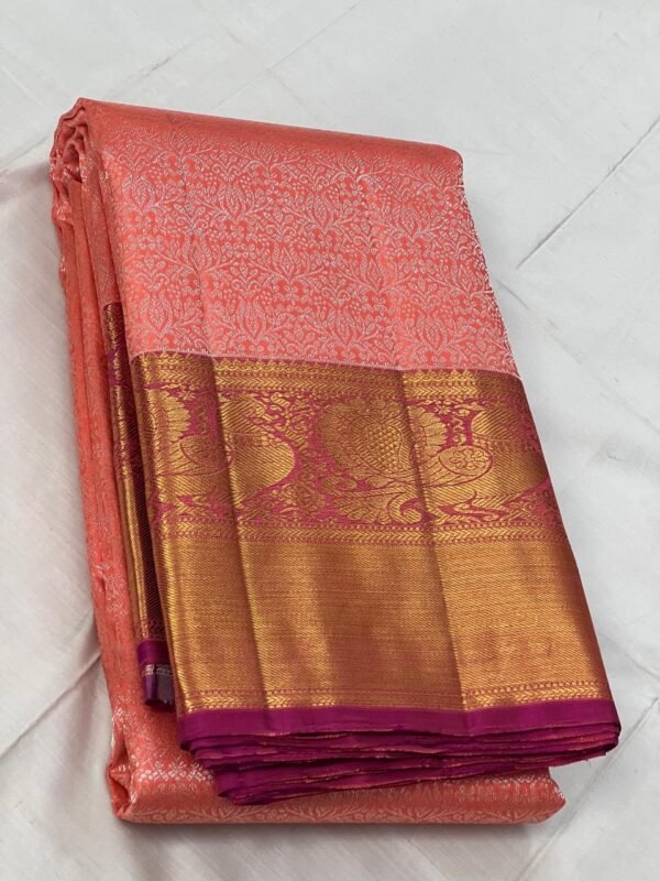 Kanchipuram Silk Saree In Peach With Magenta