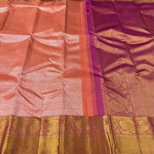 Kanchipuram Silk Saree In Peach With Magenta