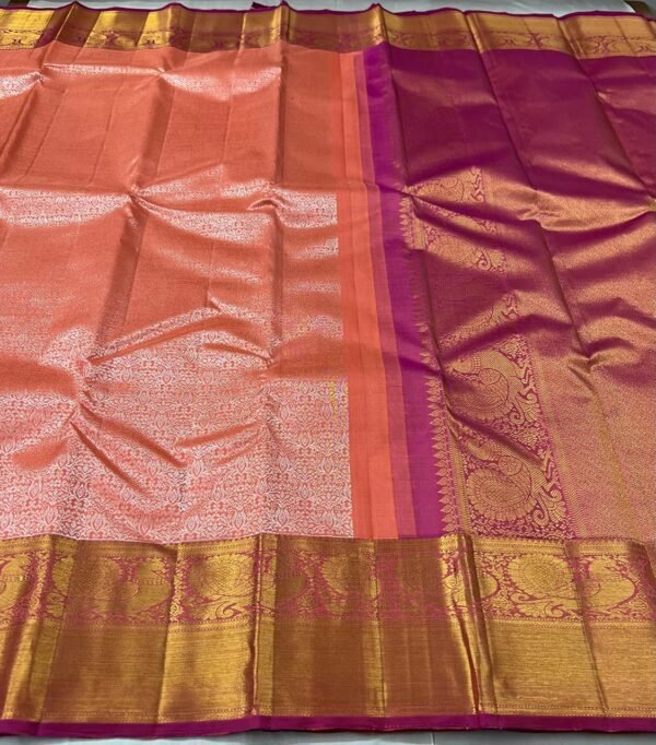Kanchipuram Silk Saree In Peach With Magenta