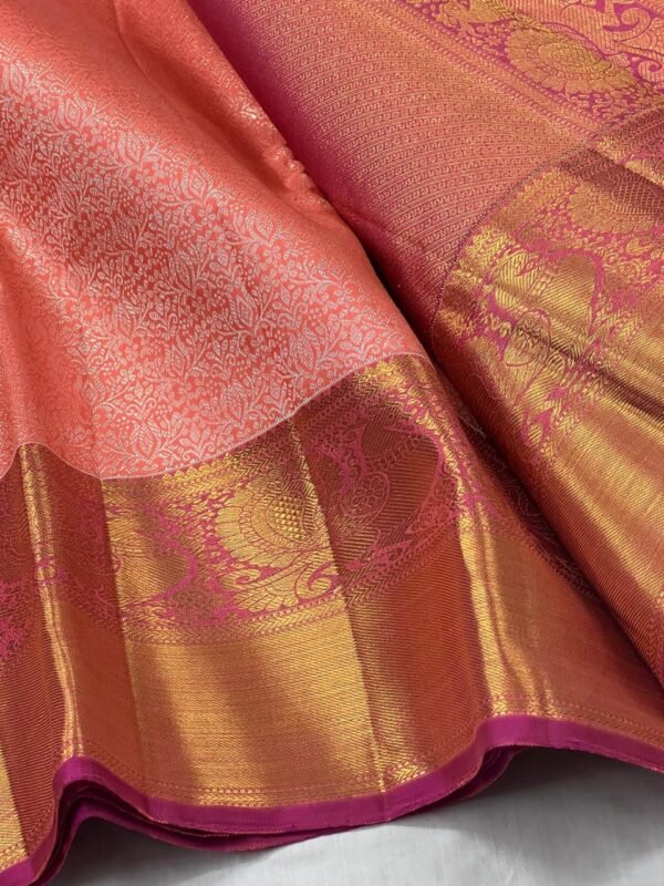 Kanchipuram Silk Saree In Peach With Magenta