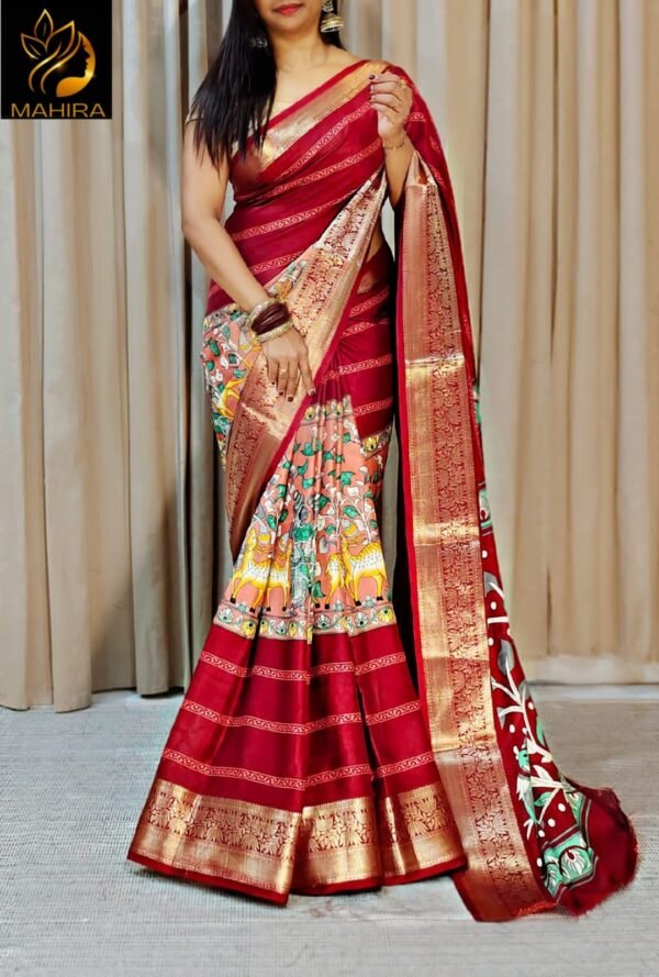 Kalamkari Print Soft Dola silk Saree In Red