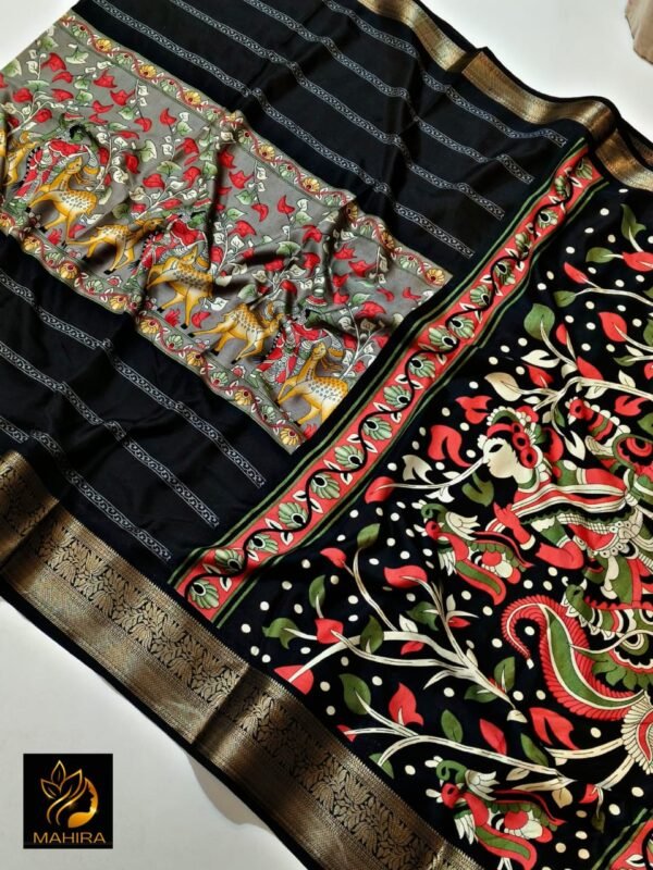 Kalamkari Print Soft Dola silk Saree In Black