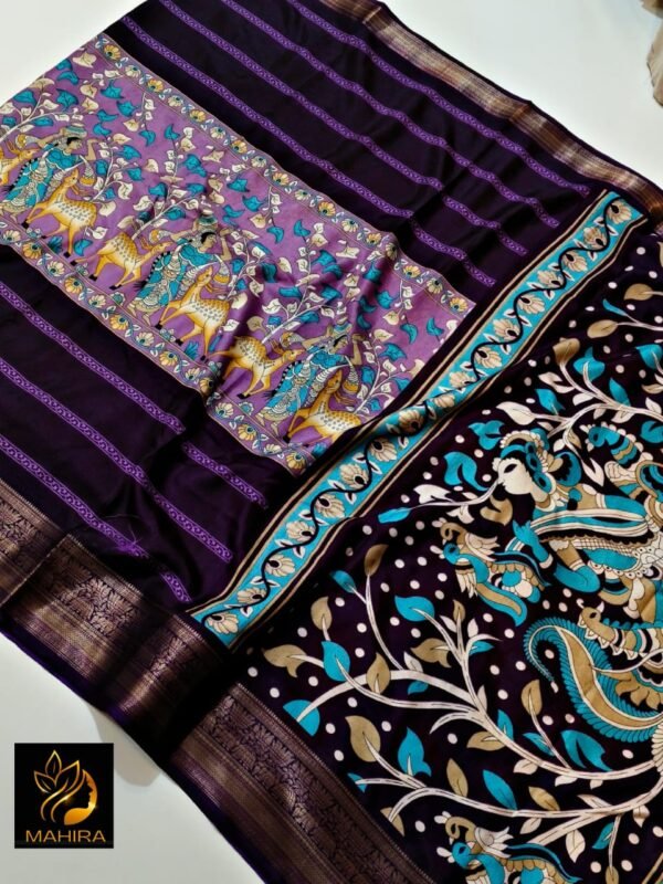 Kalamkari Print Soft Dola silk Saree In Black