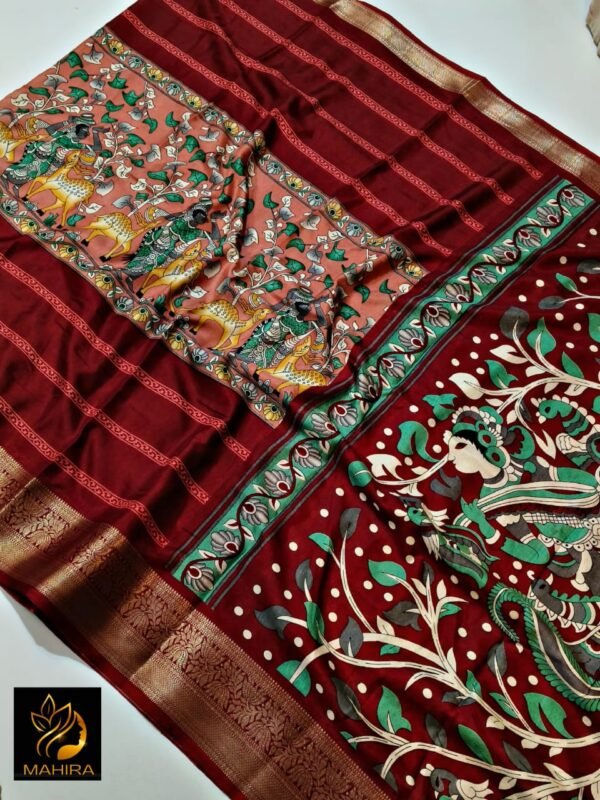 Kalamkari Print Soft Dola silk Saree In Maroon