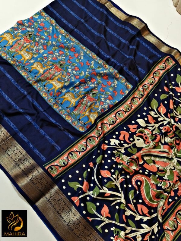 Kalamkari Print Soft Dola silk Saree In Blue
