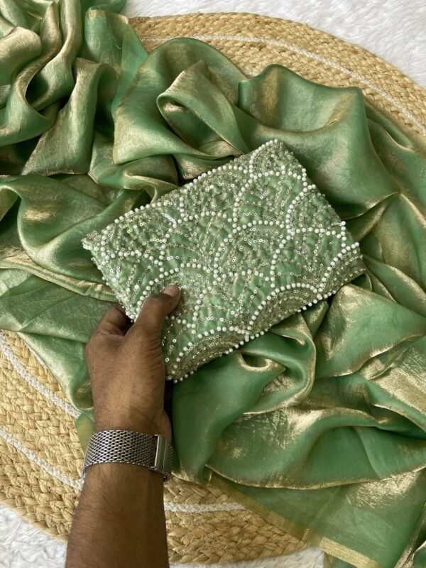 Pista Green Space silk Designer Saree With Beats Work Blouse