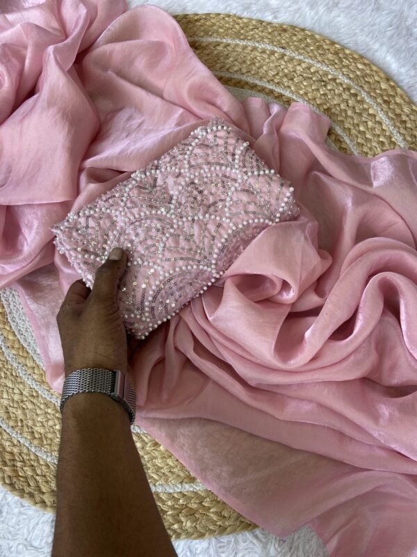 Baby Pink Space silk Designer Saree With Beats Work Blouse