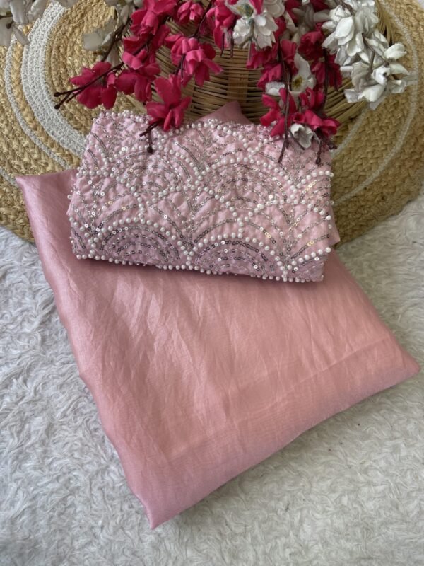 Baby Pink Space silk Designer Saree With Beats Work Blouse