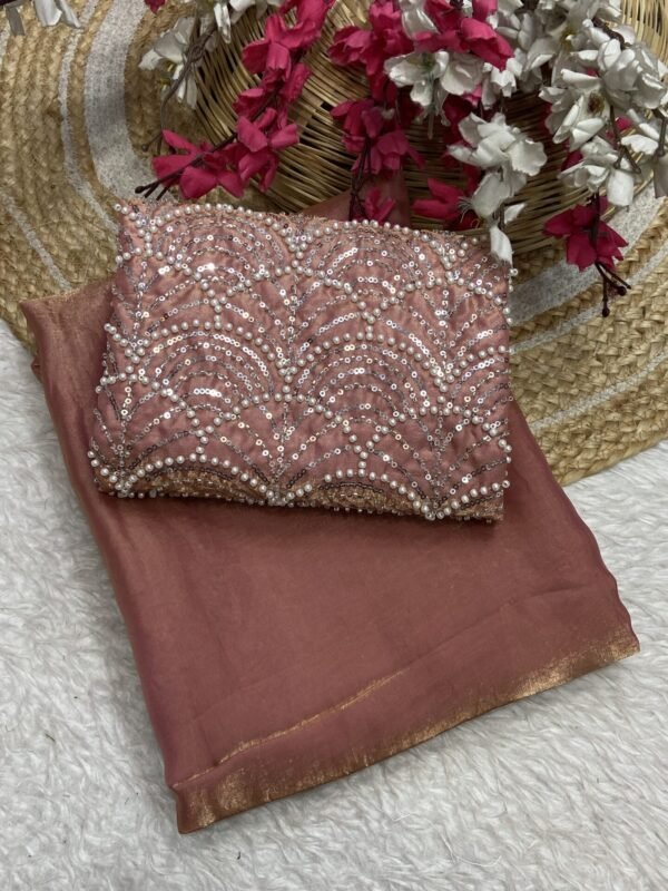 Peach Space silk Designer Saree With Beats Work Blouse